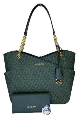 Picture of MICHAEL Michael Kors Jet Set Travel Large Chain Shoulder Tote bundled with Jet Set Travel Trifold Wallet and Michael Kors Purse Hook (2021 Signature MK Racing Green)