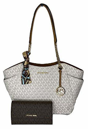 Picture of MICHAEL Michael Kors Jet Set Travel Large Chain Shoulder Tote bundled with Michael Kors Jet Set Travel Trifold Wallet (Signature MK Vanilla/Brown MK)