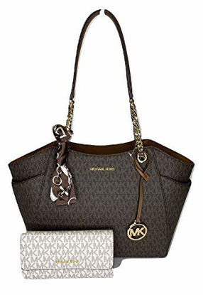Picture of MICHAEL Michael Kors Jet Set Travel Large Chain Shoulder Tote bundled with Michael Kors Jet Set Travel Trifold Wallet (Signature MK Brown/Vanilla)