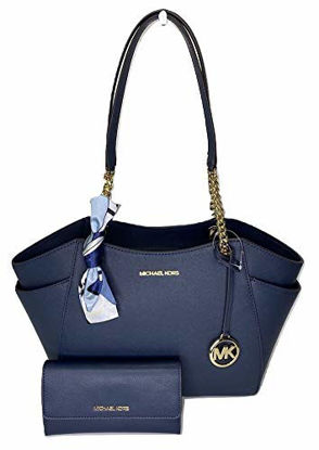 Picture of MICHAEL Michael Kors Jet Set Travel Large Chain Shoulder Tote bundled with Michael Kors Jet Set Travel Trifold Wallet and Skinny Scarf (Navy)