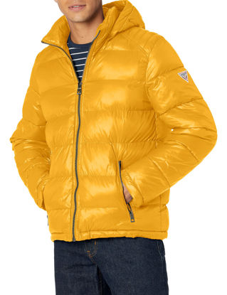 Picture of GUESS Men's Mid-Weight Puffer Jacket with Removable Hood, Yellow, Medium