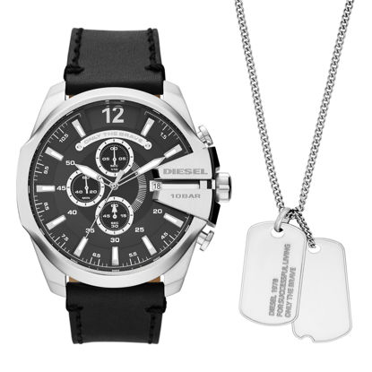 Picture of Diesel Men's 51mm Mega Chief Quartz Stainless Steel and Leather Chronograph Watch & Necklace Gift Set, Color: Silver, Black (Model: DZ4559)