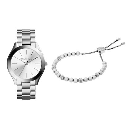 Picture of Michael Kors Women's Runway Silver-Tone Watch MK3178 Blush Rush Silver-Tone Bead Bangle Bracelet