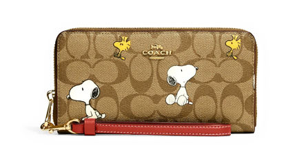 Picture of COACH Accordian Zip Phone Wallet Wristlet (Leather, IM/Khaki Redwood Multi X Peanuts - With Snoopy Woodstock Print)
