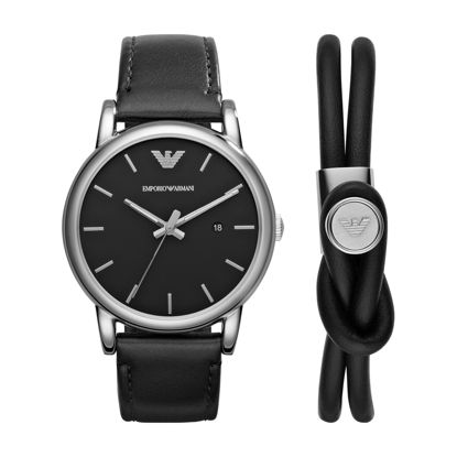 Picture of Emporio Armani Three-Hand Date Black Leather Watch and Bracelet Set (Model: AR80059)