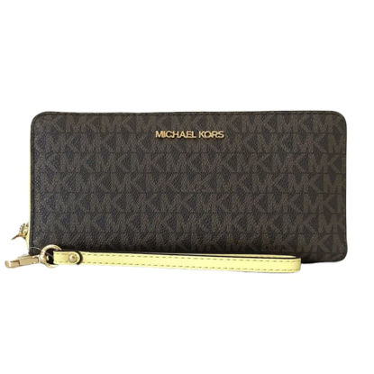 Picture of Michael Kors Jet Set Large Continental Wallet Wristlet Brown MK Buttercup Yellow