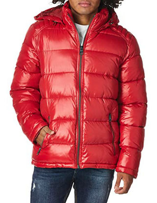 Picture of GUESS Men's Mid-Weight Puffer Jacket with Removable Hood, Red, Large
