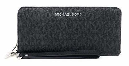 Picture of Michael Kors Jet Set Travel Continental Zip Around Leather Wallet Wristlet (Black PVC/Silver Hardware)