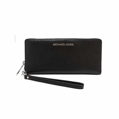 Picture of Michael Kors Jet Set Travel Continental Zip Around Leather Wallet Wristlet (Black with Silver Hardware)
