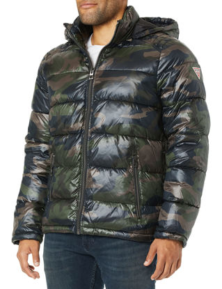 Picture of GUESS Men's Mid-Weight Puffer Jacket with Removable Hood, Camo Olive, Large
