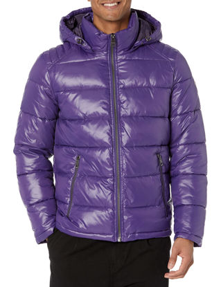 Picture of GUESS Men's Mid-Weight Puffer Jacket with Removable Hood, Magenta, Extra Large