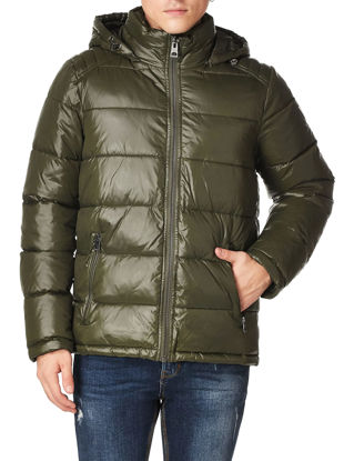 Picture of GUESS Men's Mid-Weight Puffer Jacket with Removable Hood, Olive, Large