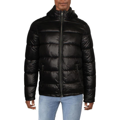 Picture of GUESS mens Mid-weight Puffer Jacket With Removable Hood Down Alternative Coat, Black, Medium US