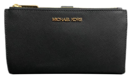 Picture of Michael Kors Jet Set Travel Double Zip Saffiano Leather Wristlet Wallet (Black Saffiano/Gold Hardware), Medium
