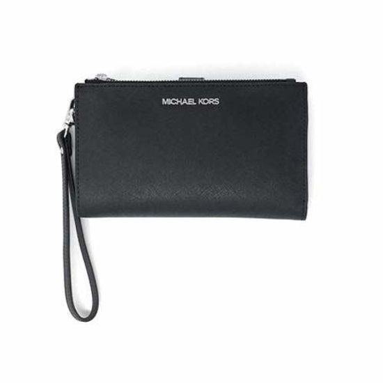 Picture of Michael Kors Jet Set Travel Double Zip Saffiano Leather Wristlet Wallet (Black Saffiano/Silver Hardware)