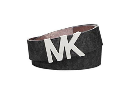Picture of Michael Kors Womens Signature Belt Black with Silver MK Buckle (Medium)