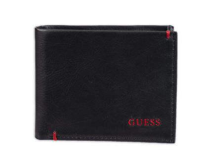 Picture of Guess Men's Leather Slim Bifold Wallet, Julian Black/Red, One Size