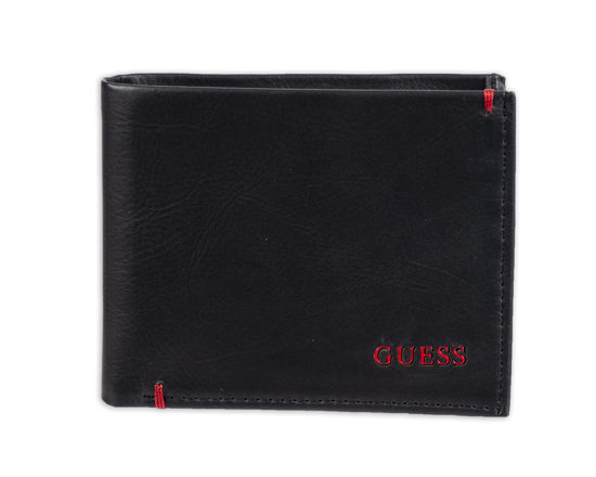 Picture of Guess Men's Leather Slim Bifold Wallet, Julian Black/Red, One Size