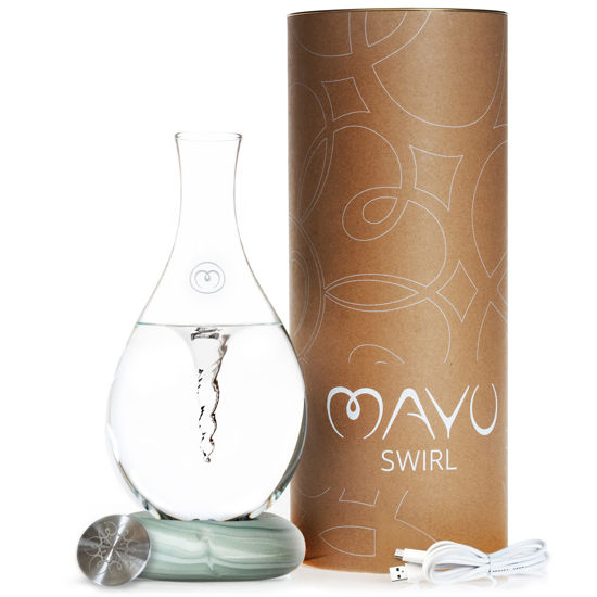 Picture of MAYU Swirl Structured Water Pitcher - Handblown Glass Carafe 1.5 Liter Design Jug - Innovative Vortex Technology Dispenser Stand - Great for Reverse Osmosis Filter Users | 51 Oz | Graystone Color Base