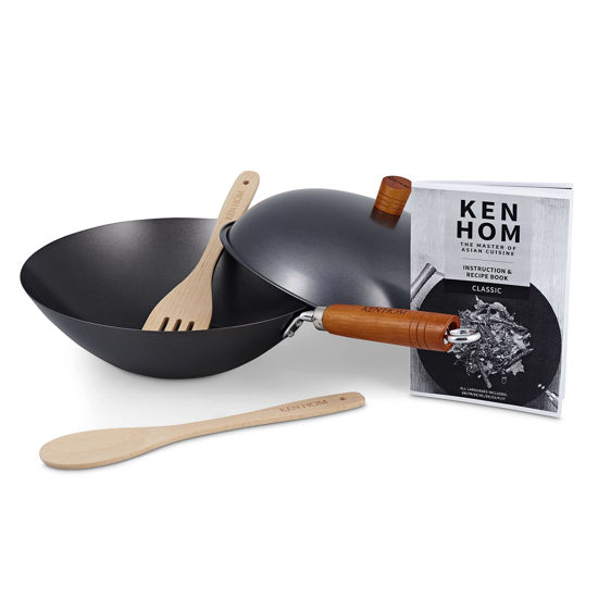 Picture of Ken Hom KH331051 Carbon Steel Non Stick Wok Set | 31 cm | Classic | Non-Induction/Wooden Handle/Flat Base Pan | Includes Wok With Lid, Wooden Wok Utensils & Recipe Book | Not Dishwasher Safe