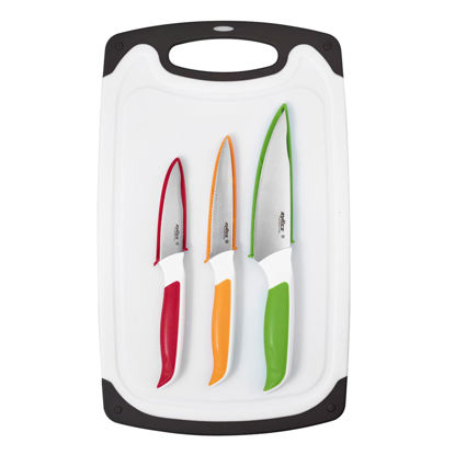 Picture of Zyliss Comfort Cutting Board & 3-Piece Knife Set - Japanese Stainless Steel Knife Set - Paring, Utility, and Serrated Paring Knives - Plastic Cutting Board - Dishwasher & Hand Wash Safe - 4 Pieces