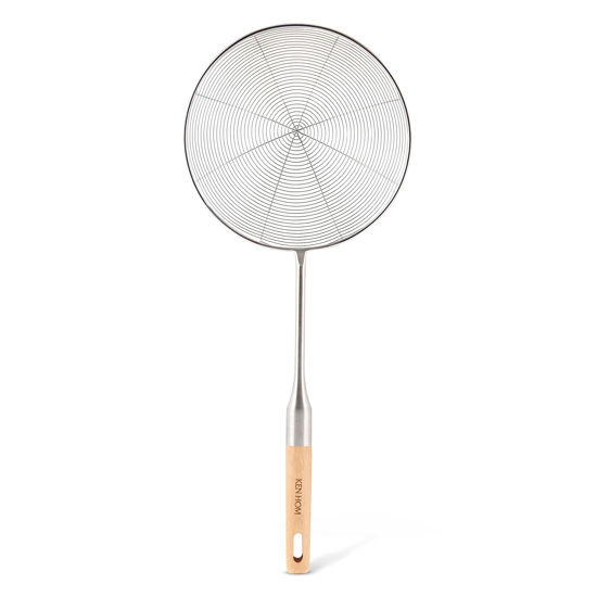 Picture of Ken Hom KH515 Stainless Steel Wire Mesh Skimmer | Excellence | Wooden Handle/For Lifting Food From Hot Oil/Liquid | Includes 1 x Skimmer Wok Utensil | Not Dishwasher Safe/2 Year Guarantee