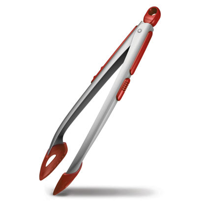 Picture of Zyliss Silicone-Tipped Tongs - Kitchen Cooking Tongs for Grilling and Serving - Metal & Silicone Salad Tongs - Tong Lock for Drawer Storage - Dishwasher Safe - Stainless Steel/Red, 13 inches