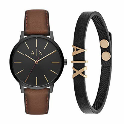 Picture of Armani Exchange Men's Cayde Stainless Steel Analog-Quartz Watch with Leather Strap, Brown, 20 (Model: AX2706) with Armani Exchange Black Leather Bracelet