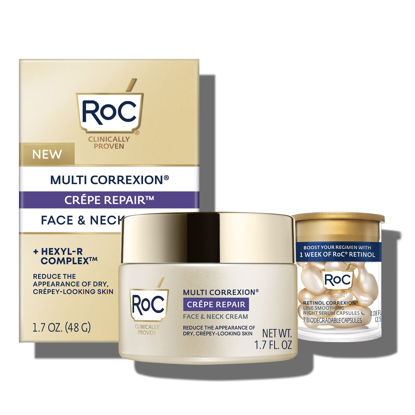 Picture of RoC Crepe Repair Anti Aging Daily Face Moisturizer & Neck Firming Cream (1.7 oz) Retinol Wrinkle Smoothing Capsules (7 CT), Skin Care Treatment