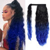 Picture of Corn Wave Ponytail Extension Clip in - 22 Inch Long Wavy Curly Wrap Around Pony Tail Synthetic Ponytail Hair Extainson for Women (Natural Black to Blue)