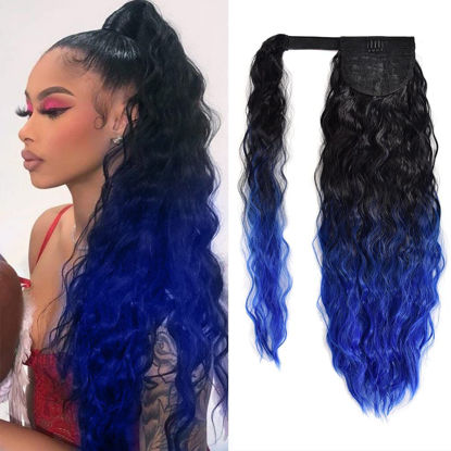 Picture of Corn Wave Ponytail Extension Clip in - 22 Inch Long Wavy Curly Wrap Around Pony Tail Synthetic Ponytail Hair Extainson for Women (Natural Black to Blue)