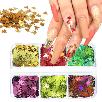 Picture of Maple Leaf Nail Art Glitter Sequins 3D Holographic Fall Leaves Nail Flakes 6 Grids Green Red Autumn Leaves Nails Sequins for Acrylic Nails Decorations DIY Crafts