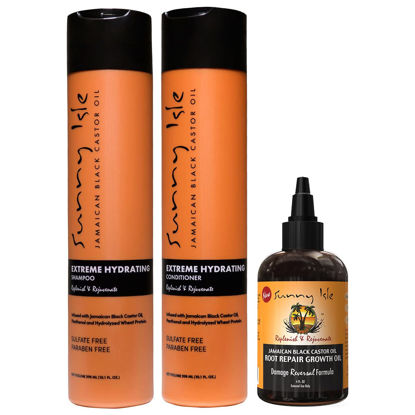 Picture of Sunny Isle Jamaican Black Castor Oil Extreme Hydrating Shampoo and Conditioner 10.1oz, Root Repair Growth Oil 4oz Bundle | Hair Growth | Damaged Hair Repair Regimen