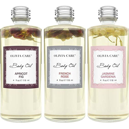Picture of OLIVIA CARE 3 Pack Body Oils, Flavors: Apricot Fig, French Rose, Jasmine Gardenia -All Natural Perfume Fragrance & Body Oil Moisturizer, Rich in Vitamin E, K, & Omega fatty Acids (3 Scents (1 Of Each))