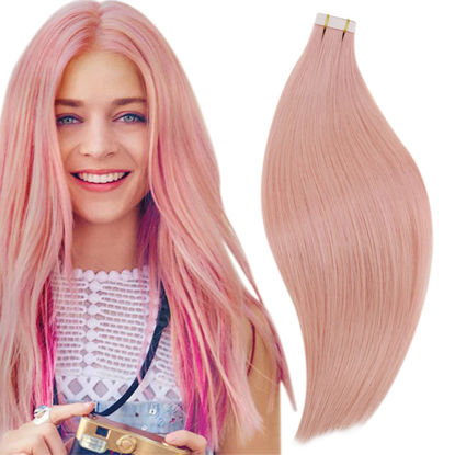 Picture of RUNATURE Light Pink Hair Extensions Tape in Real Human Hair 14 Inch Tape Hair Extensions Colorful Rainbow Pink Hair Extensions Tape in Human Hair for Women Kids Party Cosplay Peek A Boo