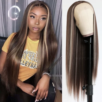 Picture of Maycaur Brown Lace Front Wigs 22 Inch Highlight Wig Long Straight Lace Wigs Glueless Hair Mixed Blonde Synthetic Lace Front Wig for Women