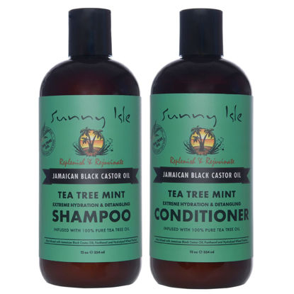 Picture of Sunny Isle Jamaican Black Castor Oil Tea Tree Mint Shampoo and Conditioner 12oz Bundle | Extreme Hydration & Detangling | Promotes Hair Growth, Fights Itchy Scalp