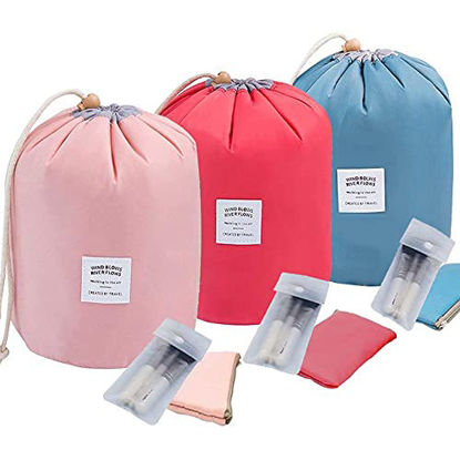 Picture of INVODA Cosmetic Bag 3 Pieces Barrel Shaped Travel Makeup Bags Large Capacity Soft Waterproof Portable Drawstring Cosmetic Bag Multifunctional Bucket Toiletry Bag (Green+Red+Blue)