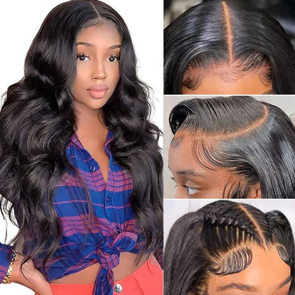 Picture of 32 Inch Body Wave Lace Front Wigs Human Hair Pre Plucked 180% Density 13x4 HD Lace Front Wigs for Black Women, Glueless Wigs Unprocessed Brazilian Virgin Human Hair with Baby Hair Bleached Knots