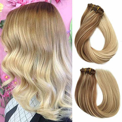 Picture of 613 Blonde Ombre Hair Extensions Human Hair 18inch Silky Straight Clip in Hair Extensions 120grams Full Head Clip on Hair Pieces for White Women