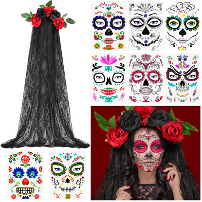 Picture of Day of the Dead Headband Halloween Crown Rose Floral Veil Headband Headpiece with 8 Pieces Halloween Temporary Face Tattoos Dead Sugar Skull Tattoos for Costume Party (Red Black,Vivid Style)