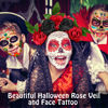 Picture of Day of the Dead Headband Halloween Crown Rose Floral Veil Headband Headpiece with 8 Pieces Halloween Temporary Face Tattoos Dead Sugar Skull Tattoos for Costume Party (Red Black,Vivid Style)