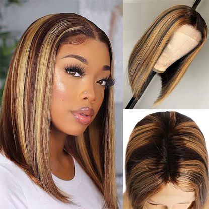Picture of 14Inch Highlight Human Hair Wig Ombre P4/27 Short Bob Wigs Highlight Bob Wig Brazilian Remy Hair Wigs 4×1 Lace Closure Middle Part Human Hair Short Bob Wigs Ombre Human Hair Bob Wig for Women