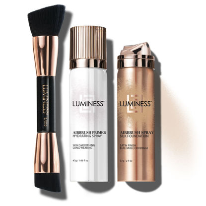 Picture of LUMINESS Silk Airbrush Spray Foundation Makeup Starter Kit - Full Coverage Foundation, Primer & Dual-Sided Buffing Brush - Buildable Coverage, Anti-Aging Formula Hydrates & Moisturizes (Shade - Light Fair)