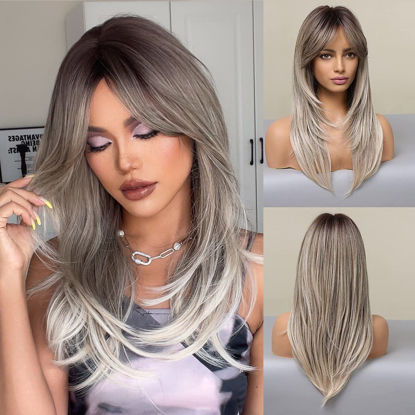 Picture of Alanhair Long Ombre Blonde Wigs for Women,HAIRCUBE Layered Synthetic Wig with Bangs Heat Resistant Fiber Daily