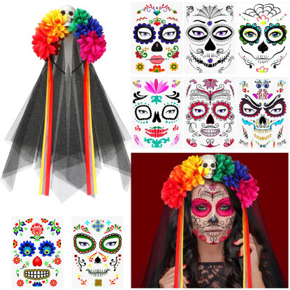 Picture of Day of the Dead Headband Halloween Crown Rose Floral Veil Headband Headpiece with 8 Pieces Halloween Temporary Face Tattoos Dead Sugar Skull Tattoos for Costume Party (Multi Color,Fresh Style)