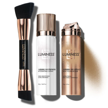 Picture of LUMINESS Silk Airbrush Spray Foundation Makeup Starter Kit - Full Coverage Foundation, Primer & Dual-Sided Buffing Brush - Buildable Coverage, Anti-Aging Formula Hydrates & Moisturizes (Shade - Light Deep)