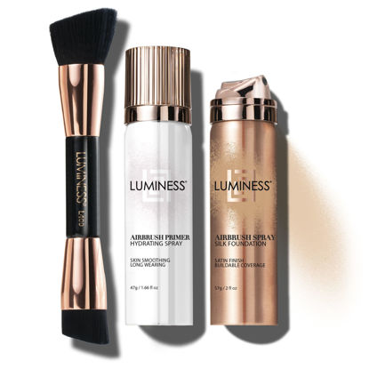 Picture of LUMINESS Silk Airbrush Spray Foundation Makeup Starter Kit - Full Coverage Foundation, Primer & Dual-Sided Buffing Brush - Buildable Coverage, Anti-Aging Formula Hydrates & Moisturizes (Shade - Fair)