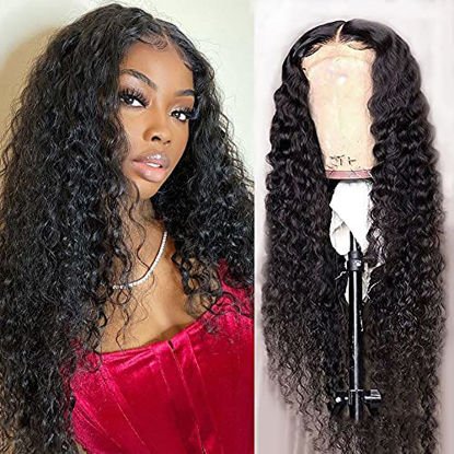 Picture of 4x4 Water Wave Lace Front Wigs Human Hair, 150% Density Curly Lace Frontal Wigs Human Hair Pre Plucked Wet and Wavy Human Hair Wigs for Black Women with Baby Hair (16 Inch, Water Wave Lace Front Wig)