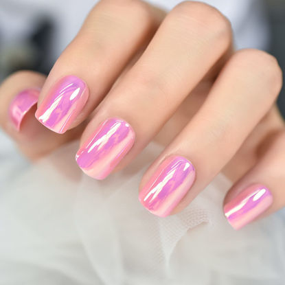 Picture of ELEVENAIL Press On Nails Glossy Short Squoval Stick On Fake Nails Salon DIY Acrylic Manicure Reusable Magic Pink Chrome False Acrylic Nail Art Tips for Women Girls